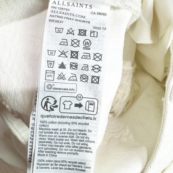 All Saints Astrid Fray Shorts High Waisted Distressed Cream White Size 30 NWT - Picture 12 of 12